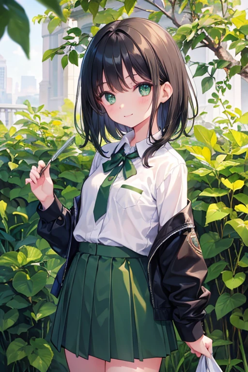 One girl, High resolution, masterpiece, Highest quality, Black Hair, Medium Short, smile, Green Eyes, uniform, low length, Dairy-free, Department of Small Animals, Small