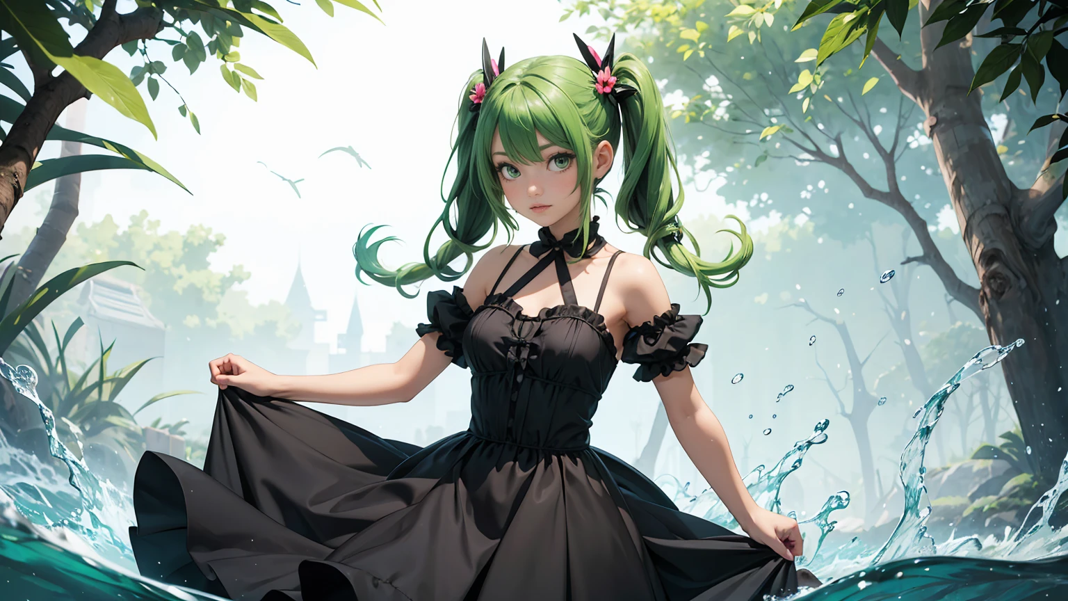 1girl, solo, hair ornament, green hair, twintails, long hair, dress, water
