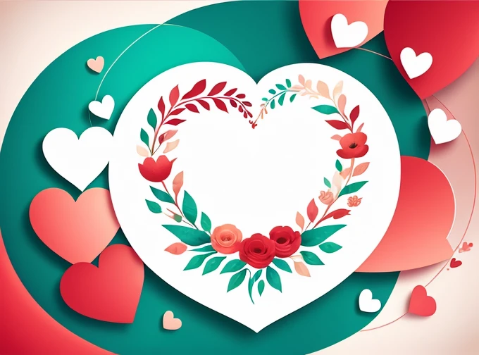 Floral background in delicate light colors, red hearts in the center, white background