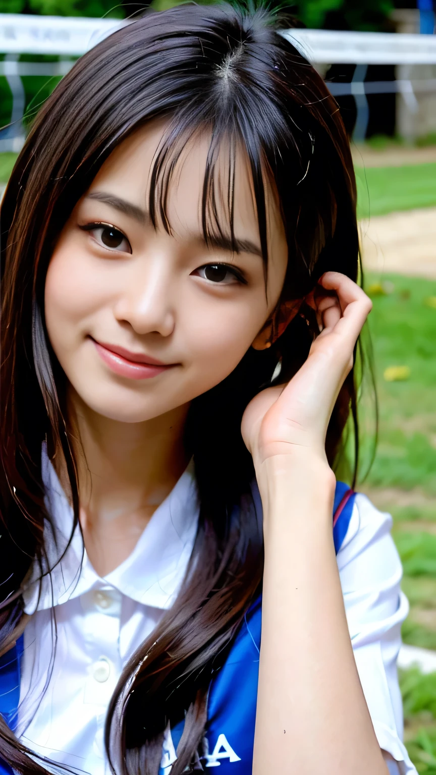 ((Highest quality, masterpiece, Ultra-high resolution, (Realistic:1.4), RAW Photos)),  Ezvian everywhere, One Girl, Famous Japanese idols, 17 years old,　Volleyball Uniforms、 Show Viewer, Very cute face,  Kind eyes、Very beautiful black hair, Long Bob Hair、Detailed face, fine grain, Thin Hair, A girl with a pure and innocent image,　Laughter、