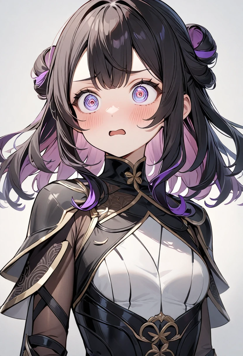 (masterpiece, top quality, very aesthetic, 4k、illustration), intricate detail, 1girl,Standing 、(upper body)、Frightened face、(Swirling eyes:1.3),Cute 、Random Hair Color、,middle hair,sidelock ,Random Color eyes、ninjaarmor clothes、small breasts、Slim 、
