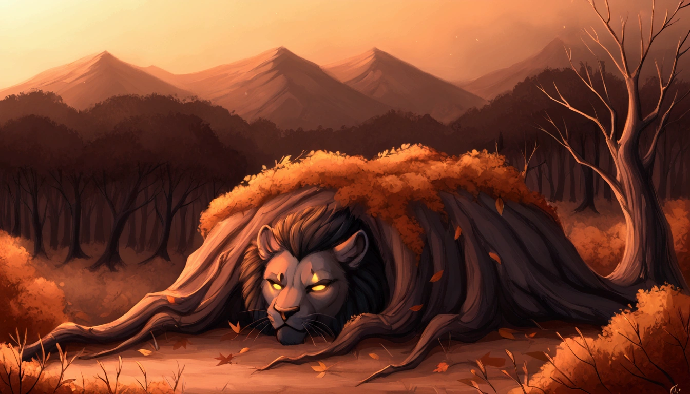 Masterpiece, best quality, very detailed, A dark, sinister lion’s lair nestled deep in the forest. The lair is a rocky, shadowy den, surrounded by towering trees with twisted, gnarled branches on either side. The forest floor is littered with dried leaves and bones, creating an eerie atmosphere. Evil lions with menacing eyes patrol the territory, their muscular forms moving stealthily through the dim light that barely penetrates the dense canopy above. No humans or human buildings are present, only the ominous natural elements and the foreboding presence of the lions.