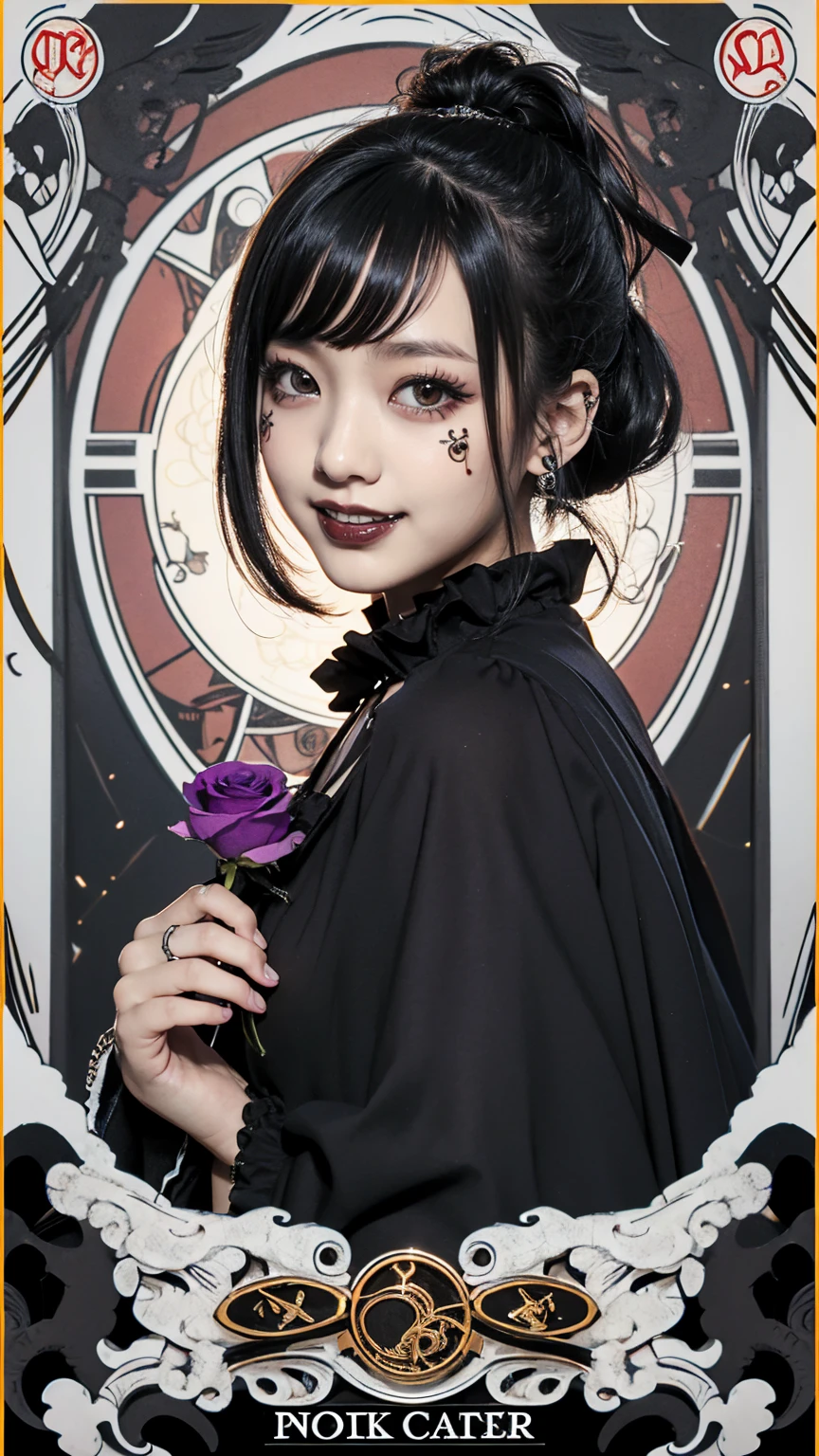 Realistic、A delicate and detailed masterpiece、Highest quality、Highest quality、(Tarot card style:1.3)、Purple Rose Background、One Woman、Upper body photo、(Lurker in the Dark、Shinobi costume:1.3)、(Gothic punk outfit:1.3)、(Black Hair、ponytail、Short Hair:1.2)、Natural Makeup、Eyelash extensions、Draw eyelashes sharply、Thin eyebrows、Deep orange blush、Grin, Showing teeth、Slightly red cheeks、16 year old female