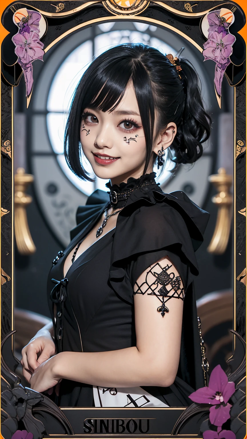 Realistic、A delicate and detailed masterpiece、Highest quality、Highest quality、(Tarot card style:1.3)、Purple Rose Background、One Woman、Upper body photo、(Lurker in the Dark、Shinobi costume:1.3)、(Gothic punk outfit:1.3)、(Black Hair、ponytail、Short Hair:1.2)、Natural Makeup、Eyelash extensions、Draw eyelashes sharply、Thin eyebrows、Deep orange blush、Grin, Showing teeth、Slightly red cheeks、16 year old female