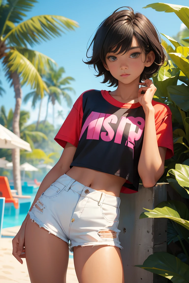 , beautiful teen boy is wearing apped shirt and too very much short mini shorts, the boy's legs are beautiful, tanned, bangs, flirty posing, hot summer, top quality, looking away from camera, round butt