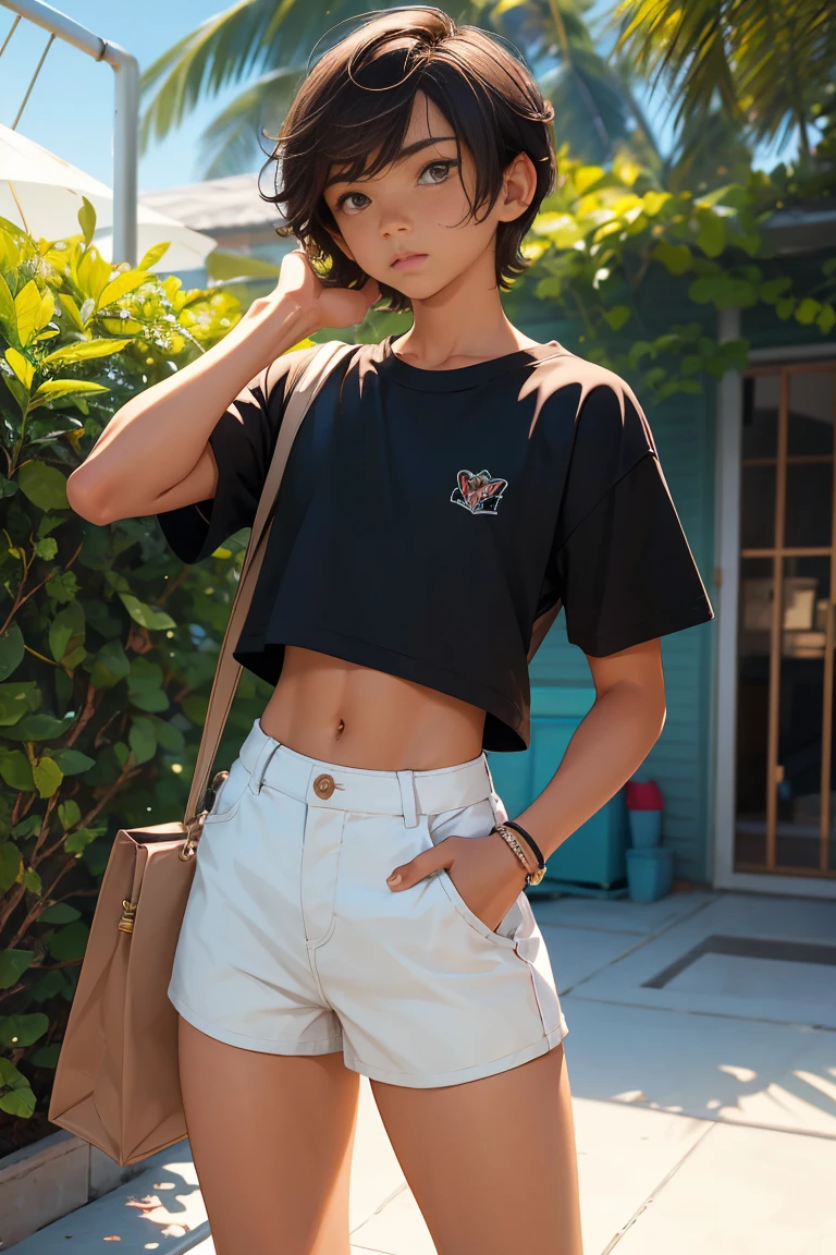 Teen boy 16 years old, beautiful teen boy is wearing a cropped shirt and too very much short mini shorts, the boy's legs are beautiful, tanned, bangs, flirty posing, hot summer, top quality, looking away from camera, round butt