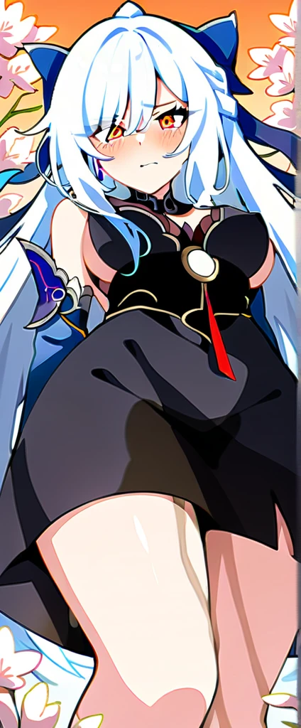 (masterpiece:1.37), best quality, (extremely detailed:1.37), (1girl:1.5), woman, (mature:1.5), (adult:1.5), jingliu, white hair, long hair, ponytail, hair ribbon, red eyes, earrings, jewelry, black dress, silk dress, transparent dress, (extremely tight dress:1.5), (extremely detailed eyes:1.37), (wetting self:1.5), desperation, embarrassed, humiliation, blushing, angry, cherry blossoms, garden, (golden hour:1.5)
