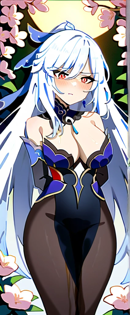 (masterpiece:1.37), best quality, (extremely detailed:1.37), (1girl:1.5), woman, (mature:1.5), (adult:1.5), jingliu, white hair, long hair, ponytail, hair ribbon, red eyes, earrings, jewelry, black dress, silk dress, transparent dress, (extremely tight dress:1.5), (extremely detailed eyes:1.37), (wetting self:1.5), desperation, embarrassed, humiliation, blushing, angry, cherry blossoms, garden, (golden hour:1.5)