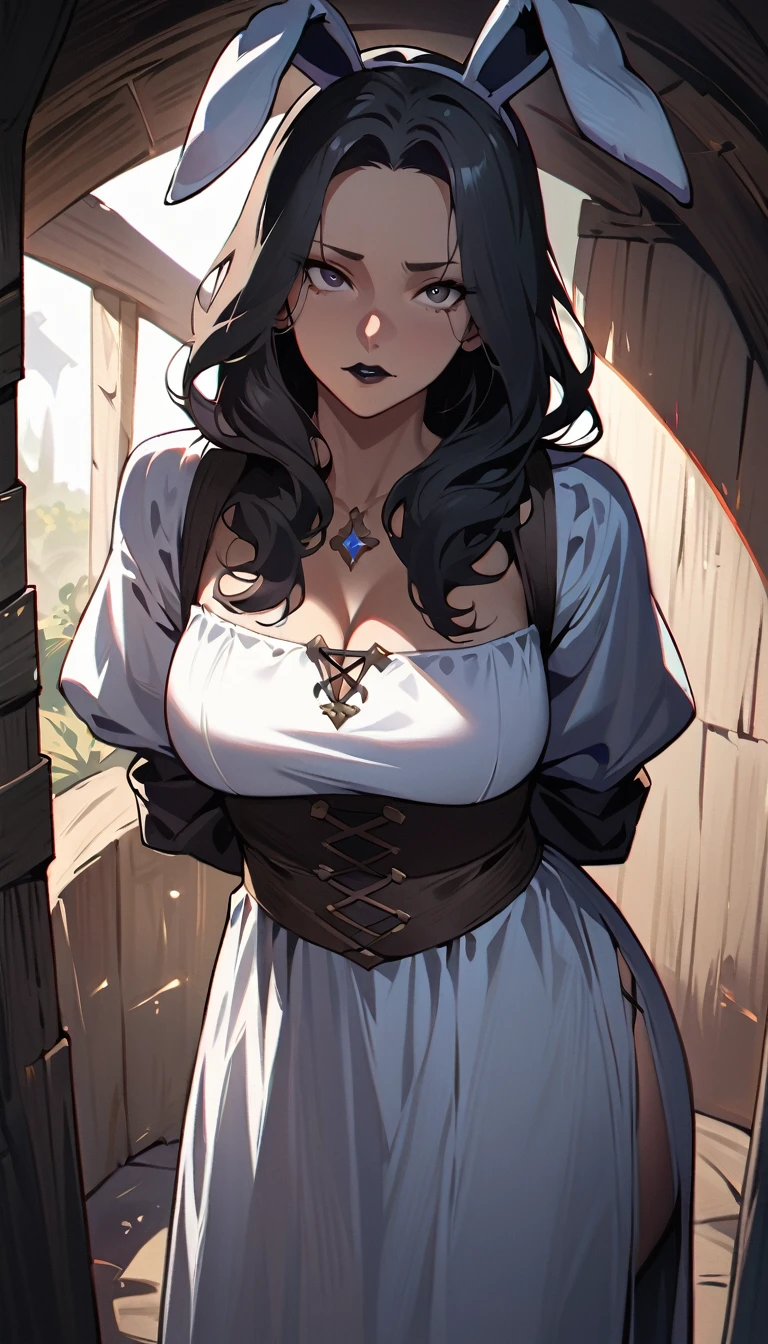 (high quality, 8k, 4K, high contrast, artwork:1.2, high quality, best aesthetics), (centered), ((1 woman)), erotic, sensual, mature body, super detailed, beautiful face detailed, beautiful eyes detailed, detailed beautiful mouth, perfect breats, perfect wide thighs, (long wavy black hair), (black eyes), (serious expression), (piercing gaze), (looking at viewer), (black lipstick), (white medieval peasant dress), (front view), (standing), (black rabbit ears), (inside a simple medieval hut), (hands behind the back)