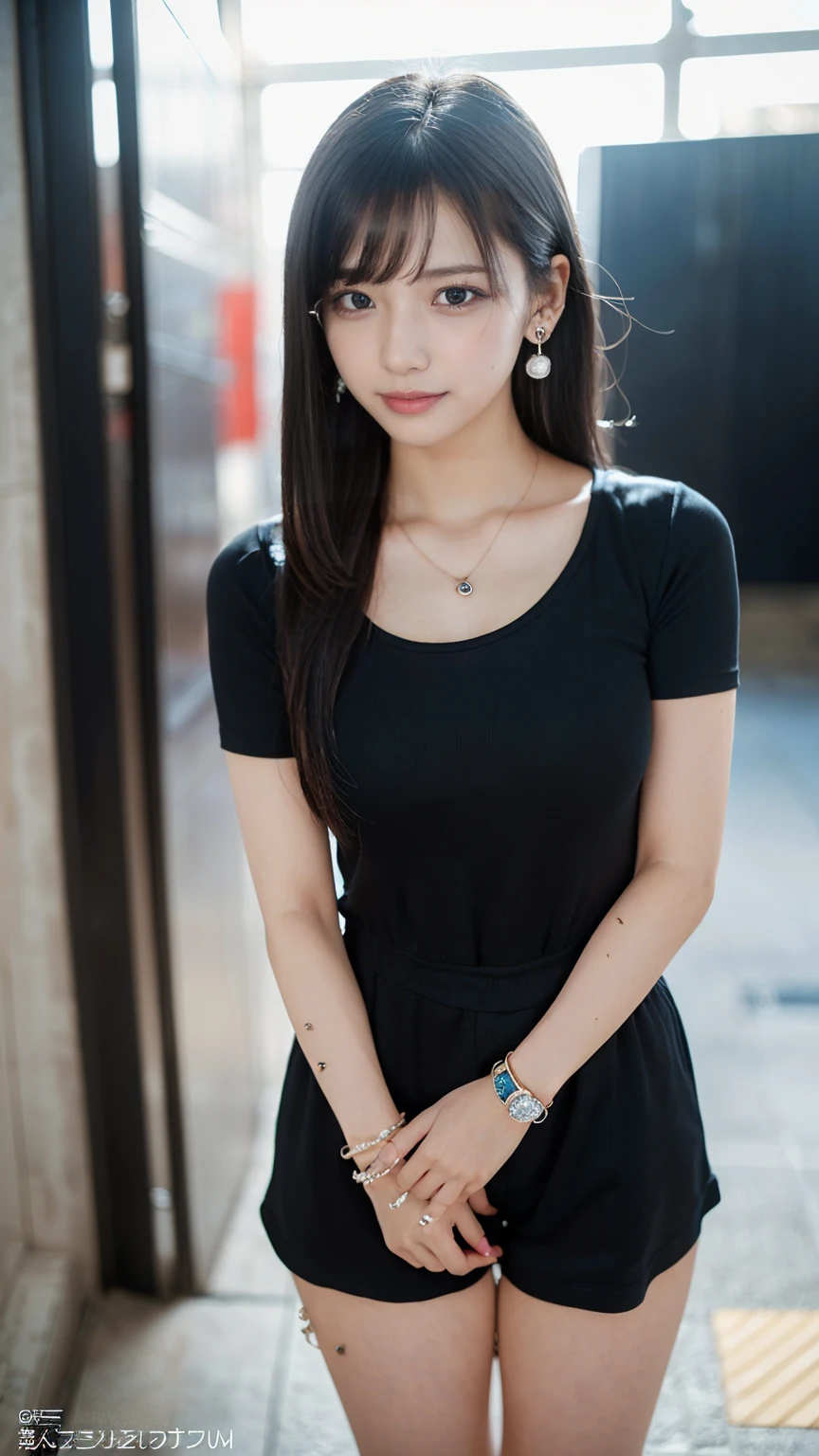 (masterpiece, Highest quality:1.3), smile、(Very detailed:1.2), (hyperRealistic:1.3), (RAW Photos:1.2),High resolution raw color photos, Professional photos, (PhotoRealistic:1.4), (Realistic:1.4),(Small Nose:1.4)、(Glare:1.4)、Big eyes、Long eyelashes、Professional Lighting, Perfect Anatomy, (Very large breasts:1.2), (Detailed face), (Cute appearance:1.5), (Long black hair:1.5), necklace, bracelet, sexy, erotic sexy, (Standing Gravure Pose:1.8), (Beautiful woman wearing short sleeve romper: 1.3)、(Multiple ear piercings:1.4)、(Photograph the whole body:1.8)