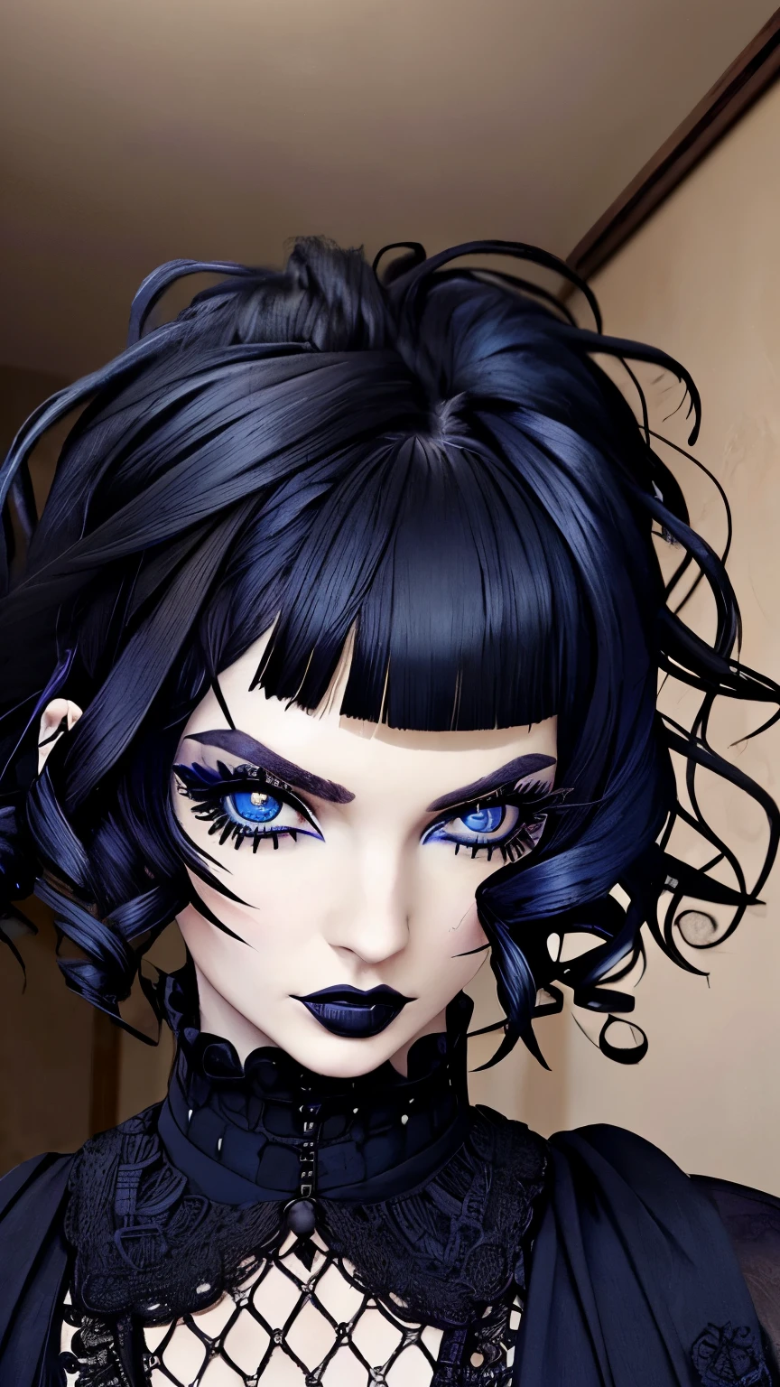 (masterpiece), (extremely intricate:1.3), (realistic), 1girl, solo, goth, pale skin, black hair, microbangs, short hair, messy hair, bedhead, detailed blue eyes, portrait, looking at viewer, indoors,goth makeup, eyeliner, mascara
