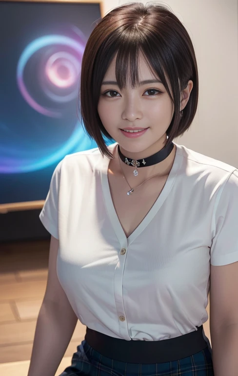 (a beautiful detailed korean lady, with piercing red eyes, short bob to hair, healthy body proportions, modest bosom, wearing a white shirt, black choker, blue necktie, and plaid skirt, smiling and grinning in studio, (best quality,4k,8k,highres,masterpiece:1.2),ultra-detailed,(realistic,photorealistic,photo-realistic:1.37),HDR,UHD,studio lighting,ultra-fine painting,sharp focus,physically-based rendering,extreme detail description,professional,vivid colors,bokeh)