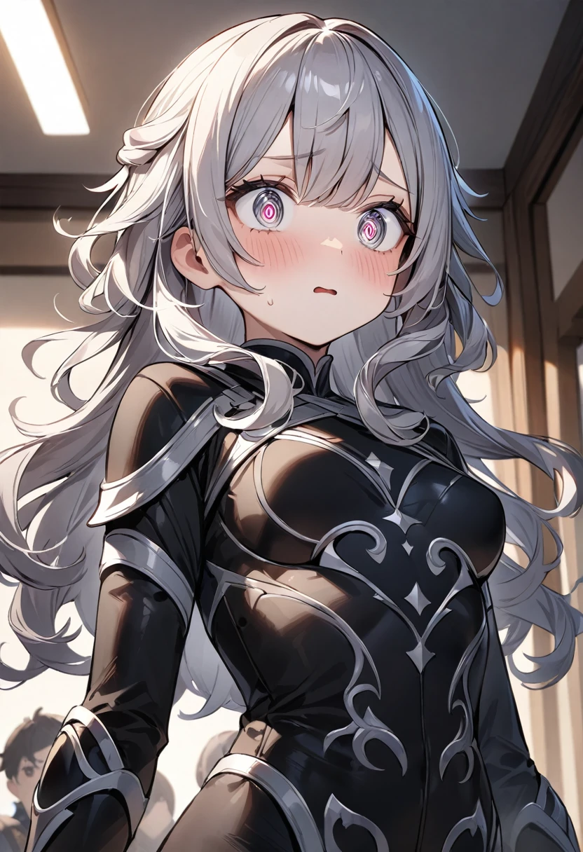 (masterpiece, top quality, very aesthetic, 4k、illustration), intricate detail, 1girl,Standing 、(upper body)、Confused face、(Swirling eyes:1.3),Cute 、Random Hair Color、,middle hair,sidelock ,Random Color　eyes、ninjaarmor clothes、small breasts、Slim 、