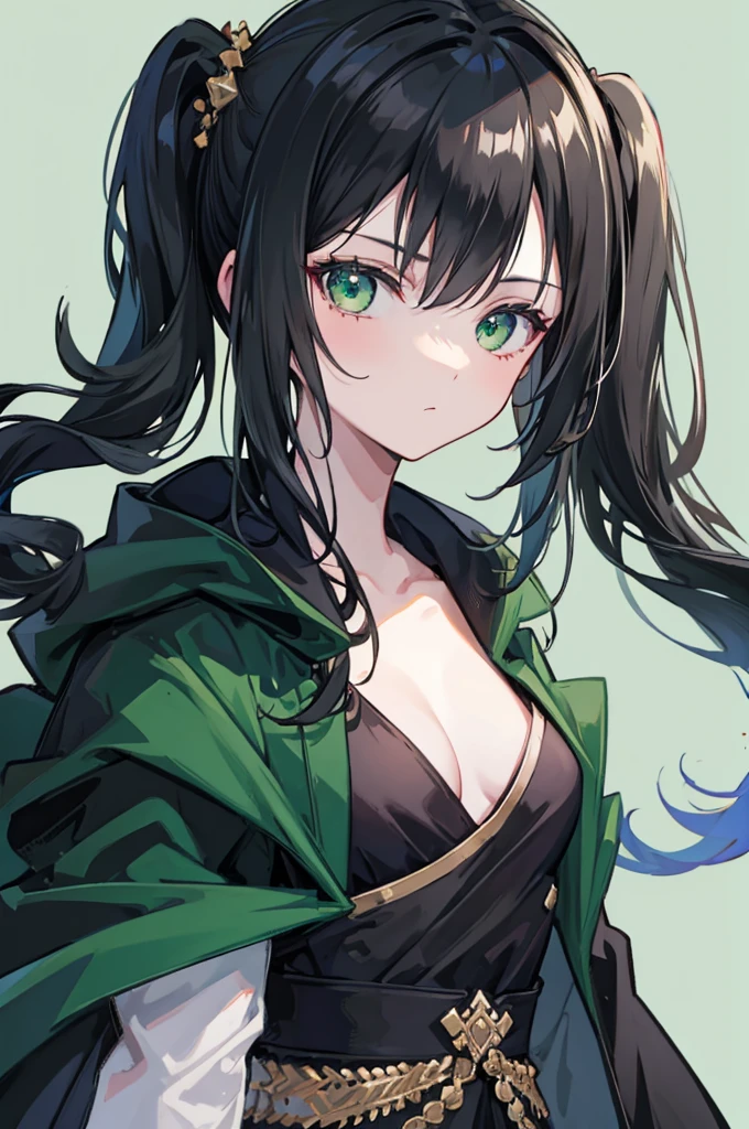 portrait, black hair, long wavy side ponytail, cool, green eyes, dark green cloak, small breasts, bust