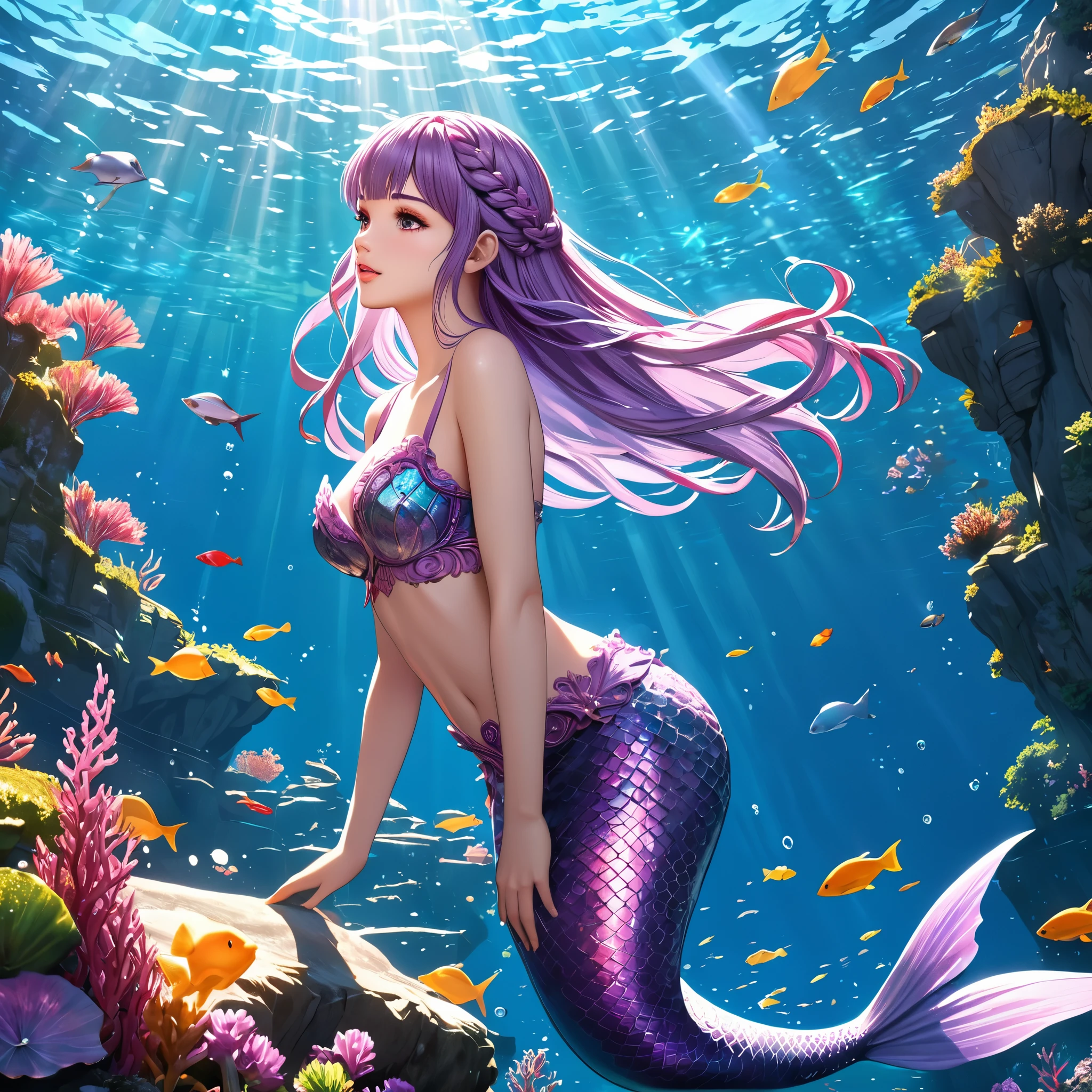 cute 20 year old mermaid with purple hair bind in a lose braid in the ocean below the surface talking to a fish in the sunlight, sun is shining, wears a purple glittery mermaid bra, beautiful mermaid, beautiful detailed human face, red lips, alluring eyes, elaborated mermaid pink purple tail, serene, masterpiece, full body shot, highres, high resolution, high quality, intricate details, extremely detailed, incredible details, full colored, complex details, insanely detailed and intricate, extremely detailed with rich colors. masterpiece, best quality, HDR, UHD, unreal engine, High quality, gorgeous, glamorous, 8k, super detail, gorgeous light and shadow, detailed decoration, detailed lines, glittery, fantasy, pretty colors, anime style
