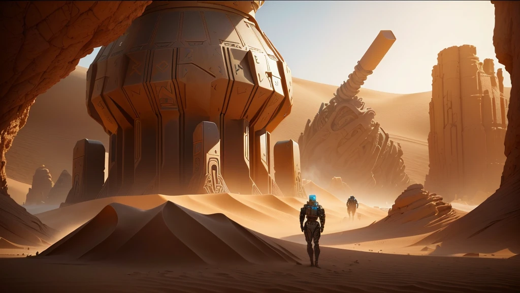 araffes in a desert with a giant object in the background, a huge robotic hand buried in the sand, scene from dune movie, film still from dune 2020, film still from movie dune-2021, unreal engine 5 render dramatic, in an arena in movie dune-2021, ps5 cinematic screen capture