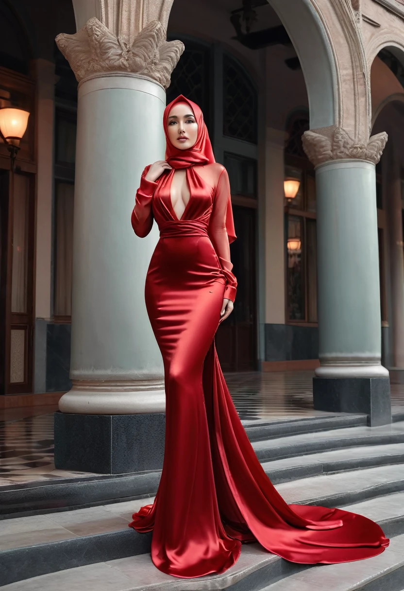 a woman in the translucent red silk gown, full body,wear hijab, brest expose, half neked, tiead in satin rope, tied tight,mermaid tight long gown, flowy dramatic long gown, double long satin train ( 4 meter long ),red satin sheet, wear high heels, masterpice, 4k resolution, ultra-realistic, highly detail.