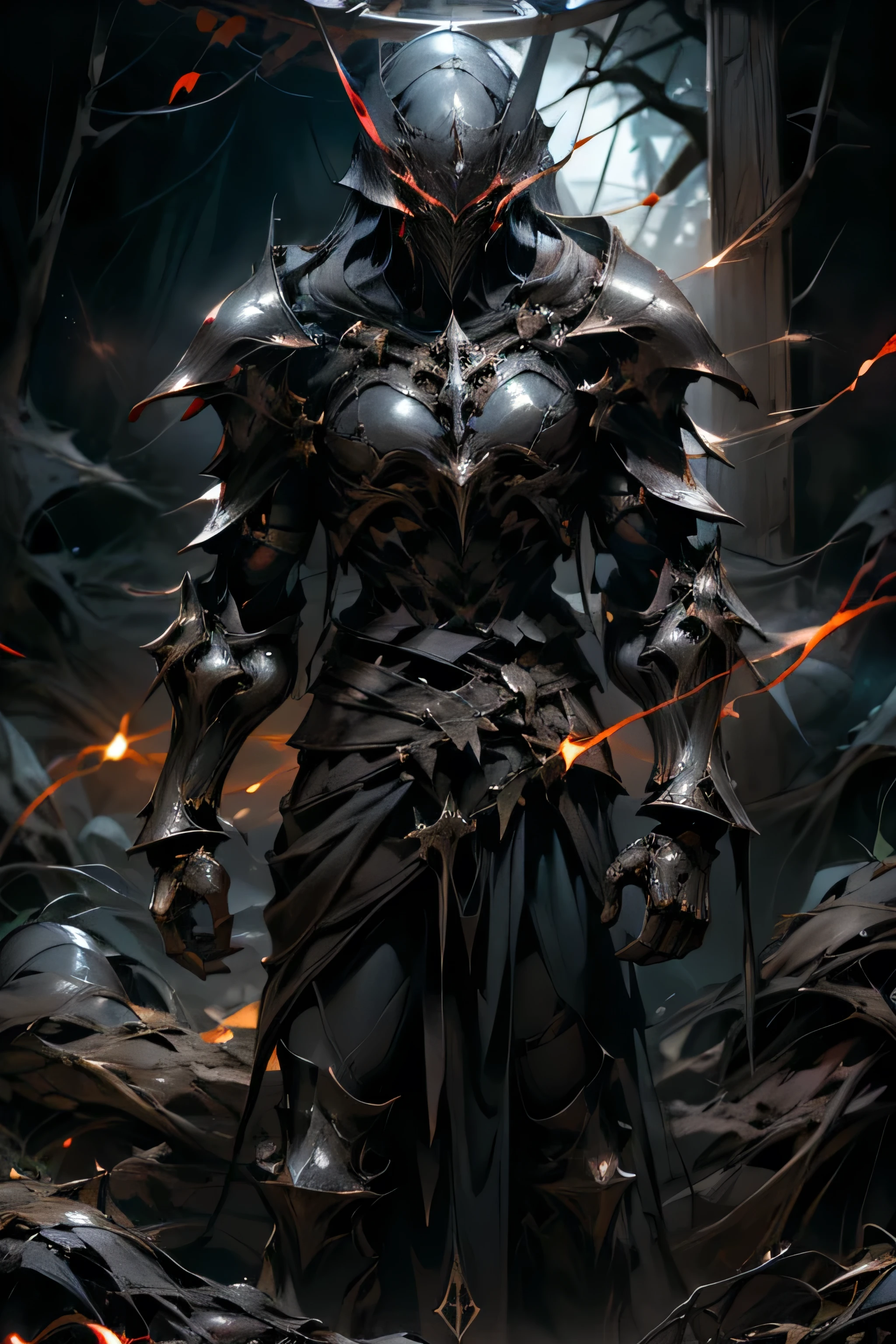 man, dark armor, black aura, armor with red flashes, mountains background, broken wings, horseshoe symbol on the chest, world destroying