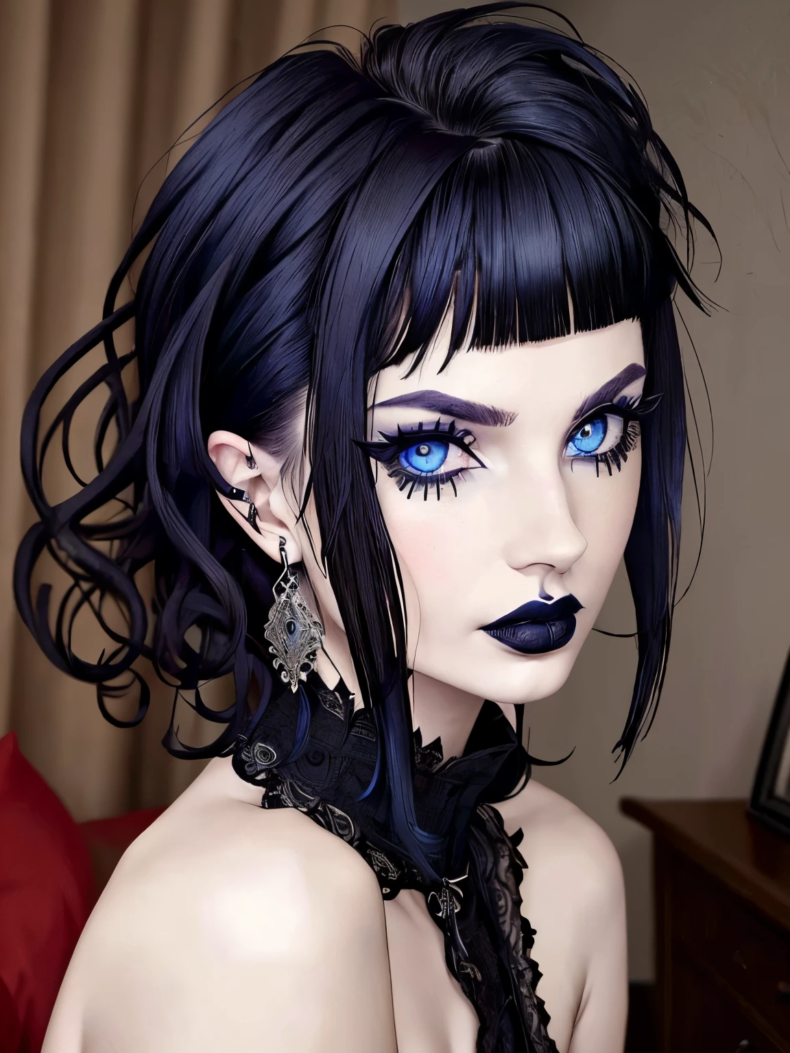 (masterpiece), (extremely intricate:1.3), (realistic), 1girl, solo, goth, pale skin, black hair, microbangs, short hair, messy hair, bedhead, bedhair, detailed blue eyes, portrait, looking at viewer, indoors,goth makeup, eyeliner, mascara, pale skin, earrings, necklace
