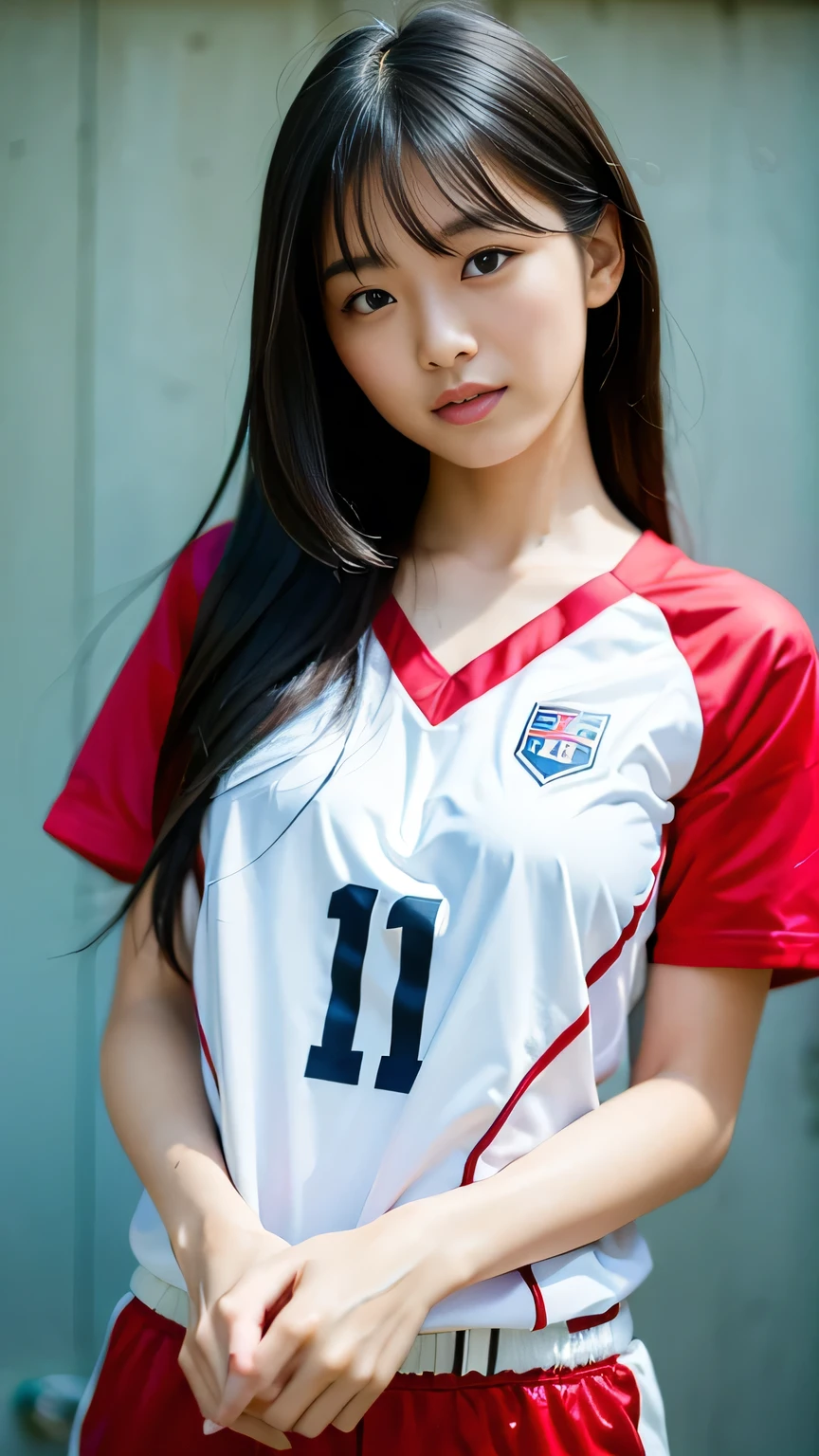 ((Highest quality, masterpiece, Ultra-high resolution, (Realistic:1.4), RAW Photos)), Ezvian everywhere, One Girl, Famous Japanese idols, 17 years old, Volleyball Uniforms、 Show Viewer, Very cute face, Kind eyes、Very beautiful black hair, Long Bob Hair、Detailed face, fine grain, Thin Hair, A girl with a pure and innocent image, Laughter、