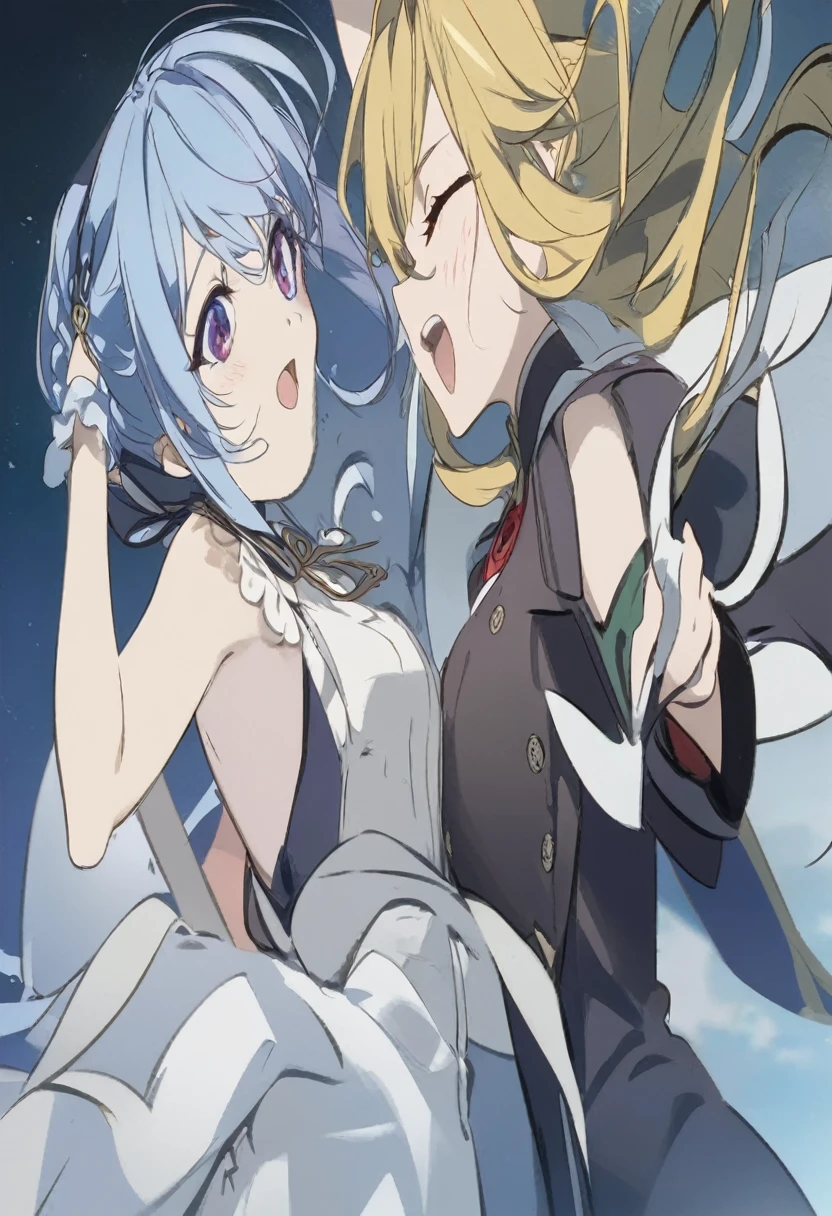 anime characters in uniform are hugging and kissing in the sky, rimuru and milim, detailed key anime art, rimuru tempest, cushart krenz key art feminine, from the azur lane videogame, screenshot from the anime film, official artwork, girls frontline cg, cushart, violet evergarden, official art, anime key art