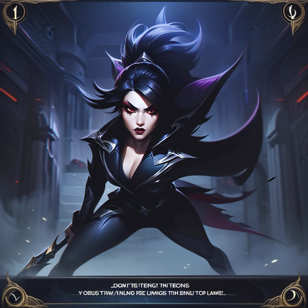 Screenshot of League of Legends, a 25-year-old girl, with tan skin, black hair, short messy hair, red, slanted eyes, with makeup, pompous lips, her teeth with a defiant and intimidating aura, she has fangs, dressed in a suit elegant black, gala, league of legends art screenshot