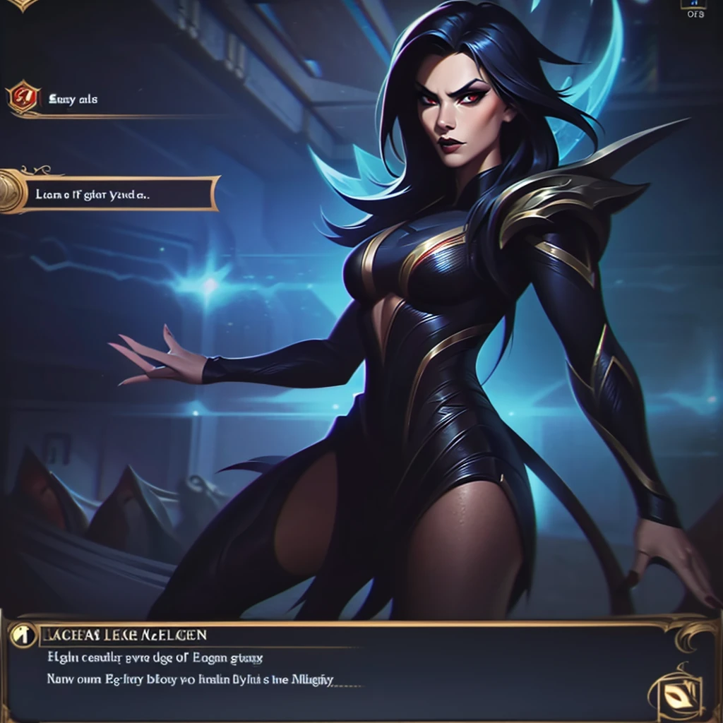 Screenshot of League of Legends, a 25-year-old girl, with tan skin, black hair, short messy hair, red, slanted eyes, with makeup, pompous lips, her teeth with a defiant and intimidating aura, she has fangs, dressed in a suit elegant black, gala, league of legends art screenshot