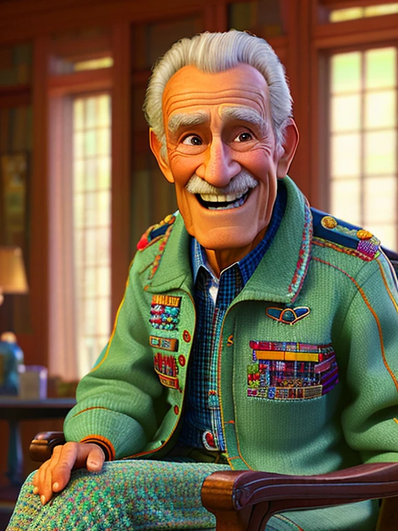 Pixarstyle A waist-high portrait of an elderly man with social clothes, smile, natural skin texture, 4K textures, HDR, intricate, highly detailed, sharp focus, cinematic look, hyper-detailed