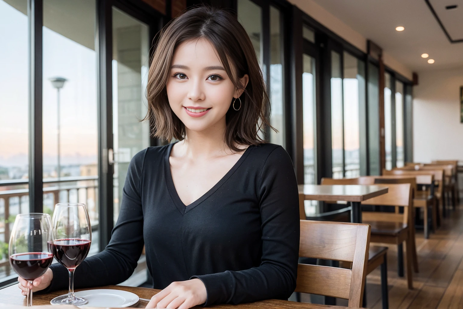 ((Highest quality、8k、masterpiece:1.3))、slimカップル、modelカップル、(Realistic, Intricate details:1.2), full-course dinner、Wine Party、Amazing view of the sunset sky and clouds、A bright smile、The wonderfulness of smile、Bright image、The beauty of wine, Beautiful Face, blue eyes, The light shines on your face, blush, short hair,Bright Face、 (Age 37), 39 years old, red wine 、Appetizers、Italian food、Wine bottle、Champagne、sparkling wine、Two beauties、Brown Hair、Shortcuts、Long sleeve shirt、dress、Beautiful woman 1, (slimな顔), (The body is slim), (Brown Hair), (Shortcuts), cheeks turn a little red,Attractive beauty、restaurant, In a prominent place (From the waist up) Nova Frog Style, actress, model, Upper Body, White wine, slim, wine glass, 中央に置かれたwine glass, smile, (smile: 1.15), Beautiful fine grain, Depth f/2,saturation, High Contrast, Strong light and shadow,Moist Body:1.5、3D texture、Delicate eyes、Brown Hair、The hair is very shiny、