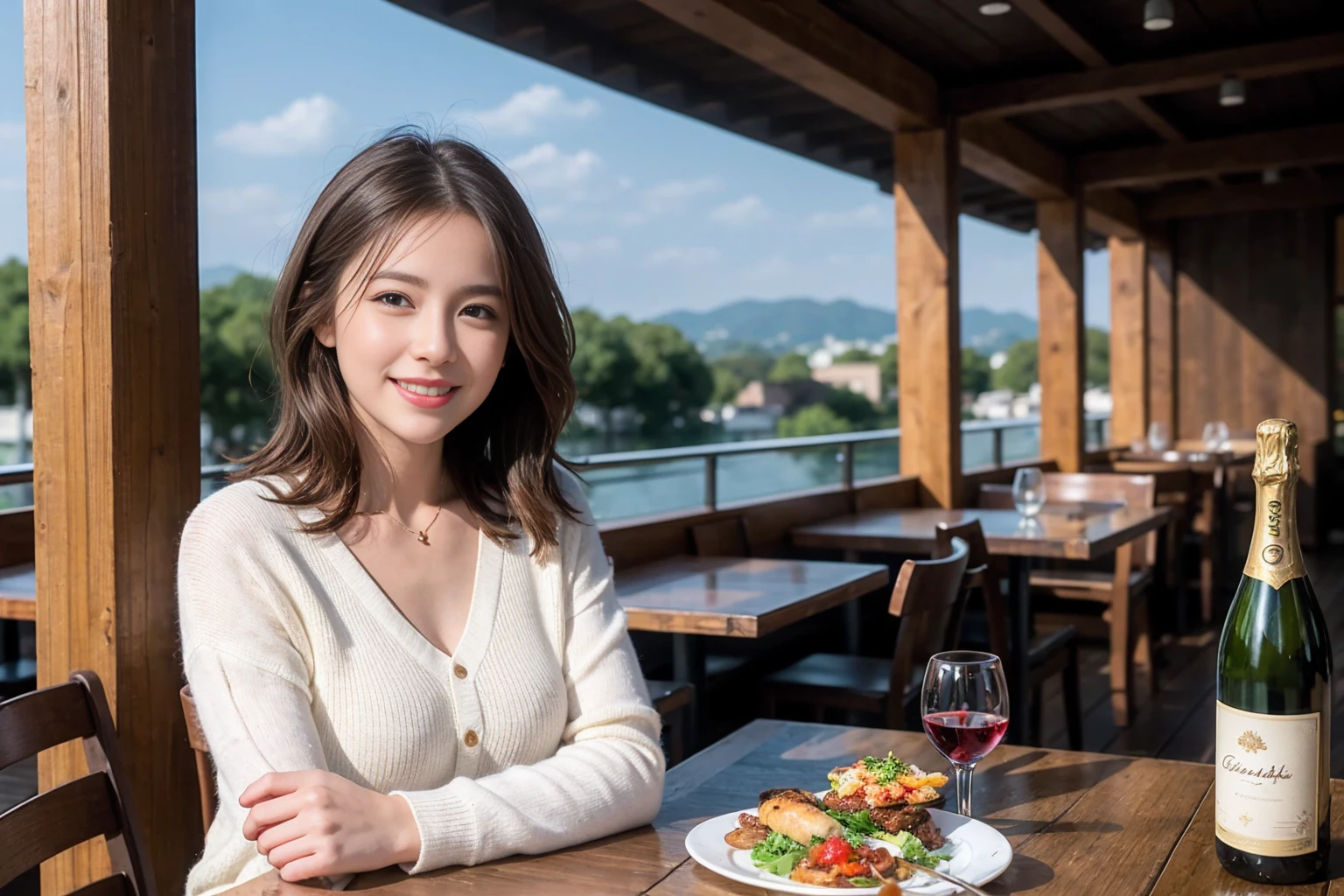 ((Highest quality、8k、masterpiece:1.3))、slimカップル、modelカップル、(Realistic, Intricate details:1.2), full-course dinner、Wine Party、Amazing view of the sunset sky and clouds、A bright smile、The wonderfulness of smile、Bright image、The beauty of wine, Beautiful Face, blue eyes, The light shines on your face, blush, short hair,Bright Face、 (Age 37), 39 years old, red wine 、Appetizers、Italian food、Wine bottle、Champagne、sparkling wine、Two beauties、Brown Hair、Shortcuts、Long sleeve shirt、dress、Beautiful woman 1, (slimな顔), (The body is slim), (Brown Hair), (Shortcuts), cheeks turn a little red,Attractive beauty、restaurant, In a prominent place (From the waist up) Nova Frog Style, actress, model, Upper Body, White wine, slim, wine glass, 中央に置かれたwine glass, smile, (smile: 1.15), Beautiful fine grain, Depth f/2,saturation, High Contrast, Strong light and shadow,Moist Body:1.5、3D texture、Delicate eyes、Brown Hair、The hair is very shiny、