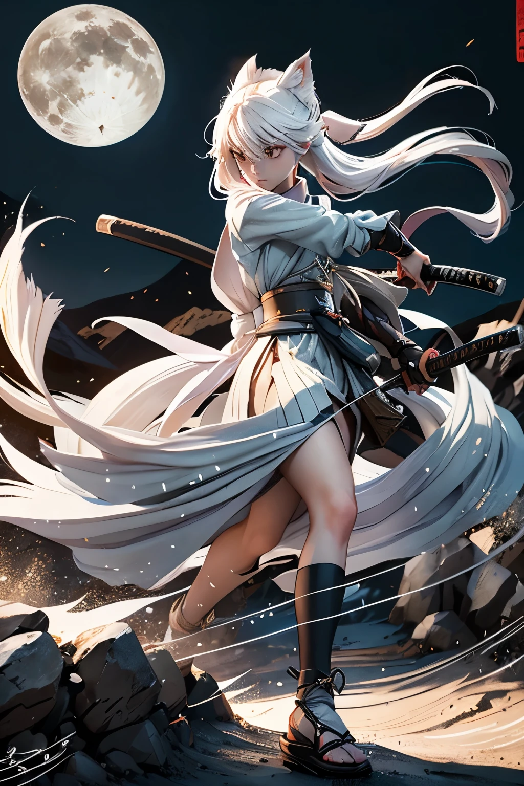 (Highest quality:1.3)。Battoujutsu。Nocturnal ghosts。One Woman。Beautiful woman。Long white straight hair。White Fox Ears。White fox tail。Samurai Raidro。Carry a large and small sword on your waist。Walking on unpaved roads。In the background is a beautiful moonlit night and distant mountains々is depicted.。