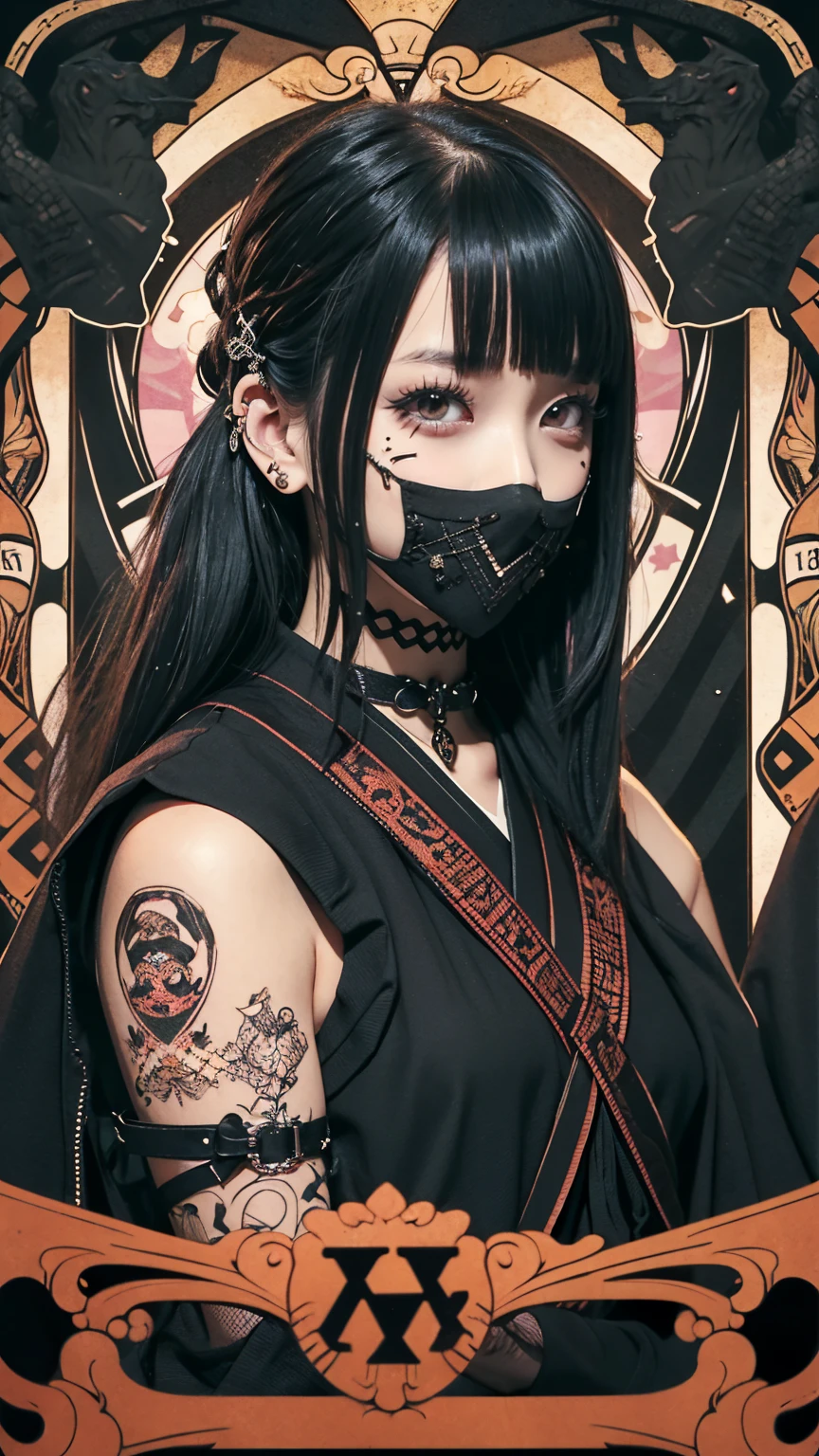Realistic、A delicate and detailed masterpiece、Highest quality、Highest quality、(Tarot card style:1.3)、Purple Rose Background、One Woman、Upper body photo、(Lurker in the Dark、Ninja、Shinobi costume:1.3)、(Ninja刀を構える、Gothic punk outfit:1.3)、(Black Hair、ponytail、Short Hair:1.2)、Natural Makeup、Eyelash extensions、Draw eyelashes sharply、Thin eyebrows、Deep orange blush、Grin, Showing teeth、Slightly red cheeks、16 year old female