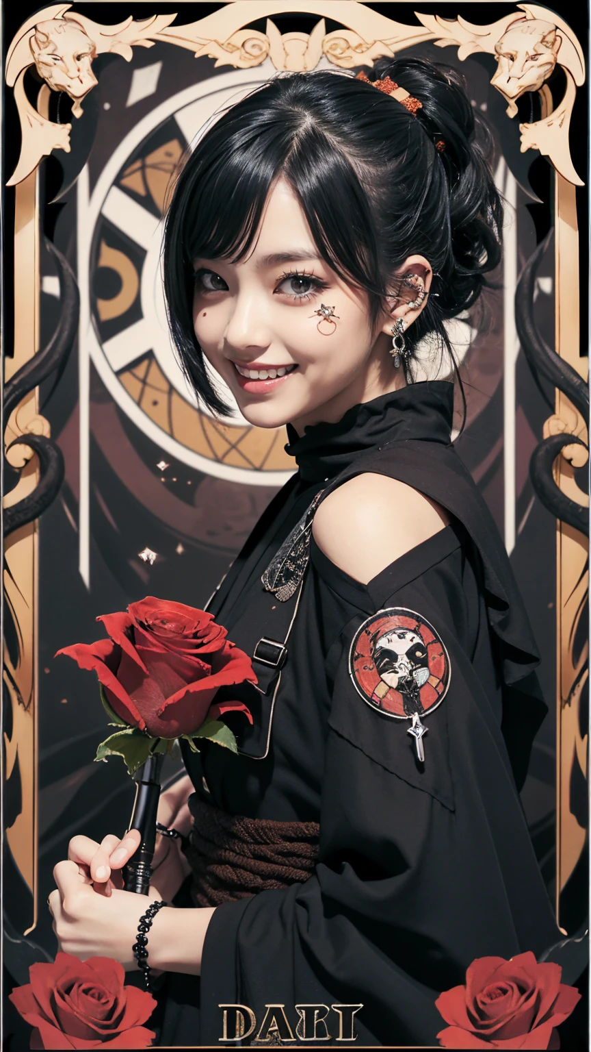 Realistic、A delicate and detailed masterpiece、Highest quality、Highest quality、(Tarot card style:1.3)、Purple Rose Background、One Woman、Upper body photo、(Lurker in the Dark、Ninja、Shinobi costume:1.3)、(Ninja刀を構える、Gothic punk outfit:1.3)、(Black Hair、ponytail、Short Hair:1.2)、Natural Makeup、Eyelash extensions、Draw eyelashes sharply、Thin eyebrows、Deep orange blush、Grin, Showing teeth、Slightly red cheeks、 female
