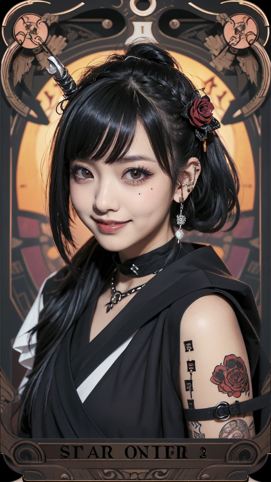 Realistic、A delicate and detailed masterpiece、Highest quality、Highest quality、(Tarot card style:1.3)、Purple Rose Background、One Woman、Upper body photo、(Lurker in the Dark、Ninja、Shinobi costume:1.3)、(Ninja刀を構える、Gothic punk outfit:1.3)、(Black Hair、ponytail、Short Hair:1.2)、Natural Makeup、Eyelash extensions、Draw eyelashes sharply、Thin eyebrows、Deep orange blush、Grin, Showing teeth、Slightly red cheeks、16 year old female