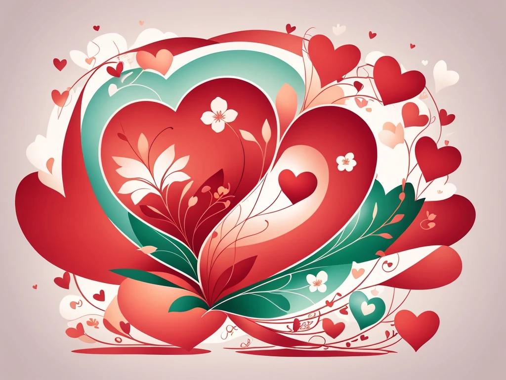 Floral background in delicate light colors, red hearts in the center, white background