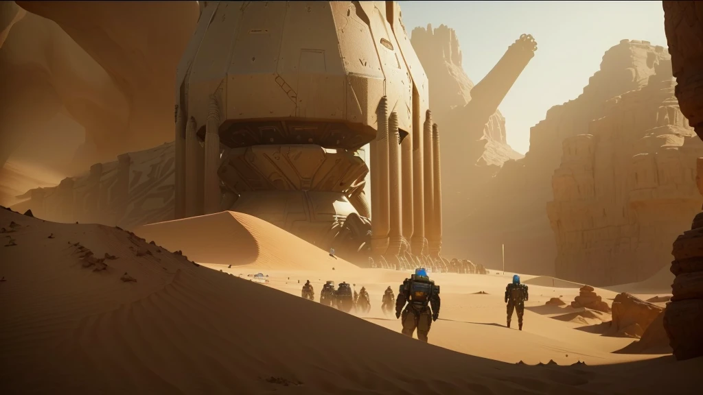 araffes in a desert with a giant object in the background, a huge robotic hand buried in the sand, scene from dune movie, film still from dune 2020, film still from movie dune-2021, unreal engine 5 render dramatic, in an arena in movie dune-2021, ps5 cinematic screen capture