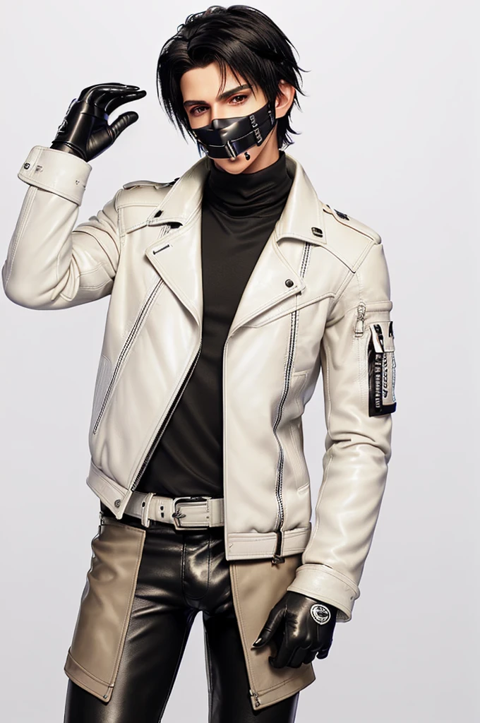 Final fantasy taste and reality graphics, Japanese young cute and cool ikemen boy, his age is early 20s, thin eyebrows and beady eyes, ((he wearing off white color leather thick material jacket)), ((jacket is singlebrest)), biker style jacket, with epaulet, jacket is long sleeve, ((must close the front of the leather jacket)), , ((voluminous leather jacket)), ,((must jacket is high length and stand-up collar)) ((jacket collar with two belts)), ((jacket is a little black color line pattern)),((close the front of the jacket)), ((also wearing black thick material turtleneck lackluster shirts)), ((tight black leather pants)), ((black leather tight and thin glove)), ((black leather knee-high raceup boots)),((must views head-to-toe)),((must views whole body)), ,((Do not show skin from the neck down)),leather jacket leather glove and leather pants have few wrinkles, Avoid showing your innerwear,zip up jacket fastner.must put on a leather glove.
Bous face is expression of ecstasy.
Boy is black hair.boy looks like fashion model.
((beige color packing tape)) ((gagged wrapped around his head)) ((packing tape covered his mouth))