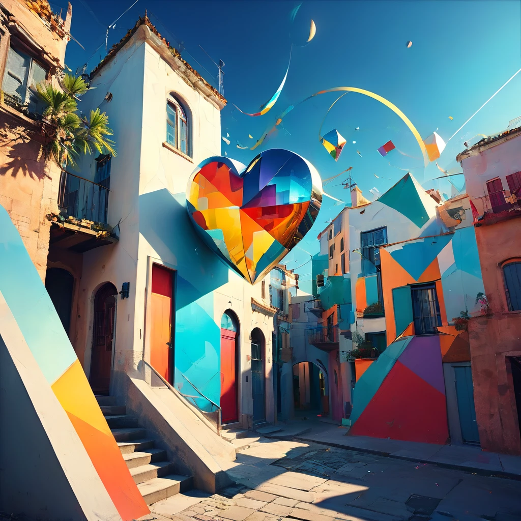 "Visualize a cubist interpretation of a heart, floating through the sky above a lively and dynamic street. Break down the shape of the heart into geometric shapes and fragmented planes, To capture its movement and energy in a unique and abstract way. Incorporate bold colors and sharp angles, to convey a feeling of movement and tension. Play with perspective and layering, to create a multidimensional composition, which questions traditional notions of space and form. Be inspired by the avant-garde spirit of Cubism and see nature in a fresh and innovative light.. Unleash your creativity, as you bring this imaginative scene to life on the screen