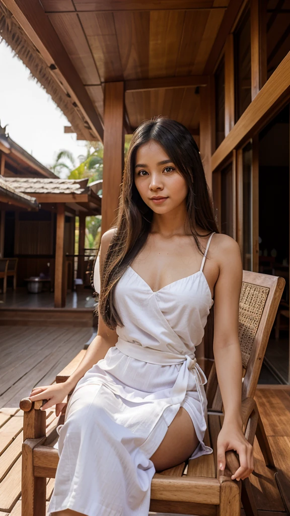 A young woman with beautiful long hair, wearing a light purple Thai dress, wearing a white sarong, sitting on a teak chair in front of a wooden Thai resort-style house, a young woman drinking black coffee.