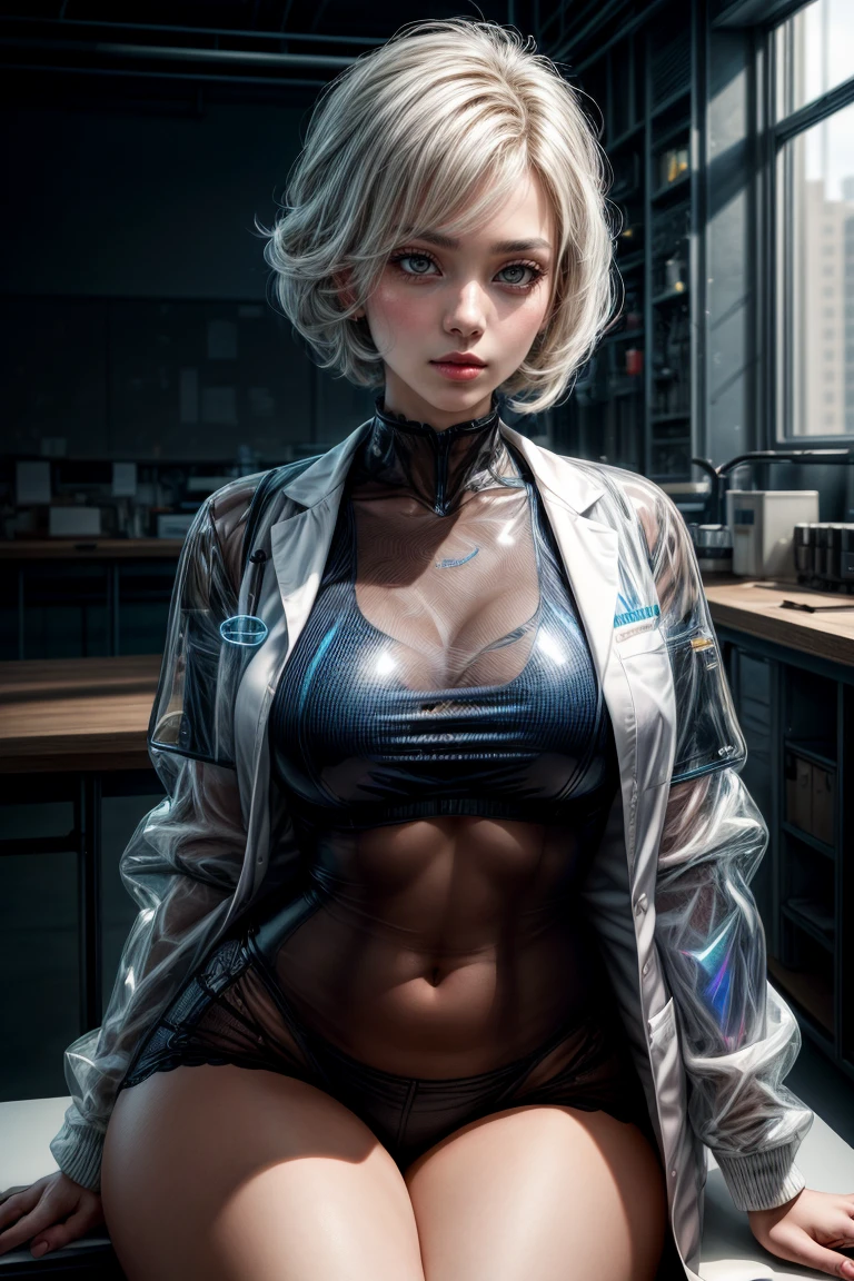 masterpiece, (photorealistic:1.4) 1girl, solo, seated, beautiful face, face focus, dynamic composition. clear lines, holograph table, posing for a promo of STEM, a futuristic lab setting. Bright, clear lighting with blue and white tones, modern design. high contrast, makeup, white hair, curvy hips, lab coat (cropped lab coat) and thick thighs