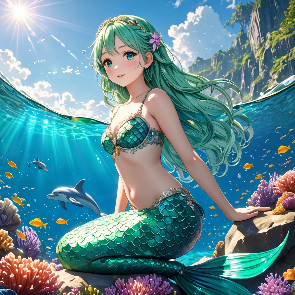 cute 6  mermaid with mint green hair bind in two braids in the ocean below the surface swimming with a dolphin in the sunlight, sun is shining, wears a turquois glittery mermaid bra, beautiful mermaid, beautiful detailed human face,  alluring eyes, elaborated mermaid mint green turquois tail, serene, masterpiece, full body shot, highres, high resolution, high quality, intricate details, extremely detailed, incredible details, full colored, complex details, insanely detailed and intricate, extremely detailed with rich colors. masterpiece, best quality, HDR, UHD, unreal engine, High quality, gorgeous, glamorous, 8k, super detail, gorgeous light and shadow, detailed decoration, detailed lines, glittery, fantasy, pretty colors, anime style
