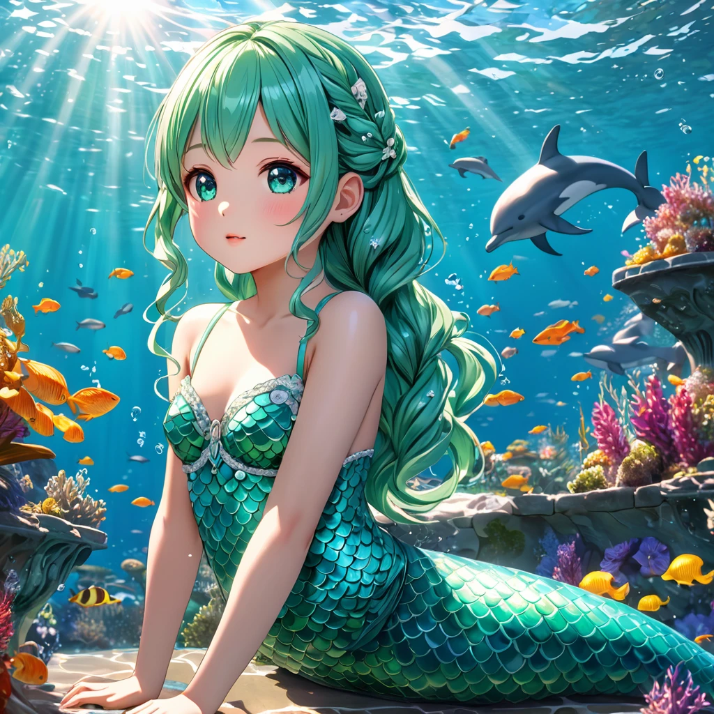 cute 6 year old mermaid with mint green hair bind in two braids in the ocean below the surface swimming with a dolphin in the sunlight, sun is shining, wears a turquois glittery mermaid bra, beautiful mermaid, beautiful detailed human face, alluring eyes, elaborated mermaid mint green turquois tail, serene, masterpiece, full body shot, highres, high resolution, high quality, intricate details, extremely detailed, incredible details, full colored, complex details, insanely detailed and intricate, extremely detailed with rich colors. masterpiece, best quality, HDR, UHD, unreal engine, High quality, gorgeous, glamorous, 8k, super detail, gorgeous light and shadow, detailed decoration, detailed lines, glittery, fantasy, pretty colors, anime style