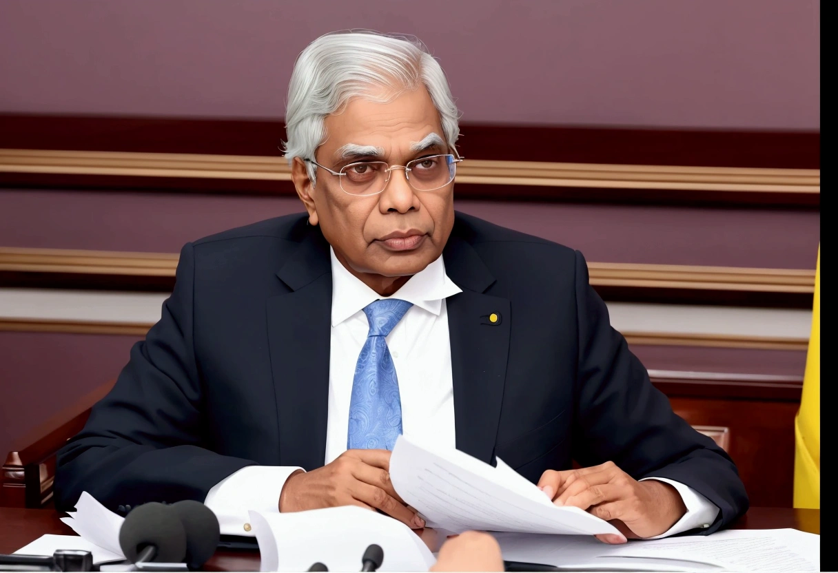 (Sri Lanka President, Mr Ranil Wickramasighe) arafed man in a suit and tie sitting at a table with papers, sri lanka, 2024, indigo, untitled, 2024, innocent look, ceo, 2030, by david rubín, stern look, photo from 2022
