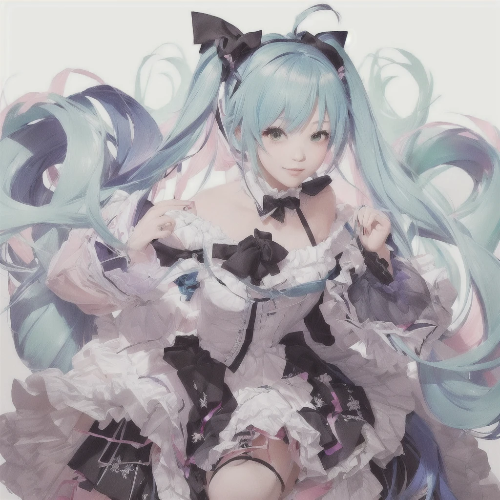 Anime girl with long hair and a white dress holding a black umbrella, hatsune Miku, portrait of hatsune Miku, Miku, hatsune Miku portrait, by Shimo, Mikudayo, pixiv Contest Winner, guweiz on pixiv artstation, Digital art on Pixiv, artstation pixivでトレンド, Top rated on pixiv