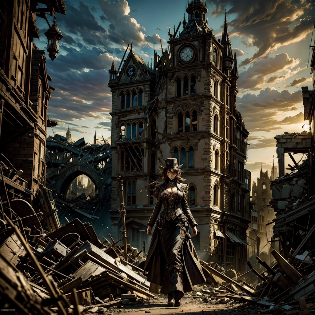 a woman in a steampunk uniform crosses a semi-destroyed gothic village, together with her there are two surreal steampunk characters, some surreal animals can be glimpsed among the rubble