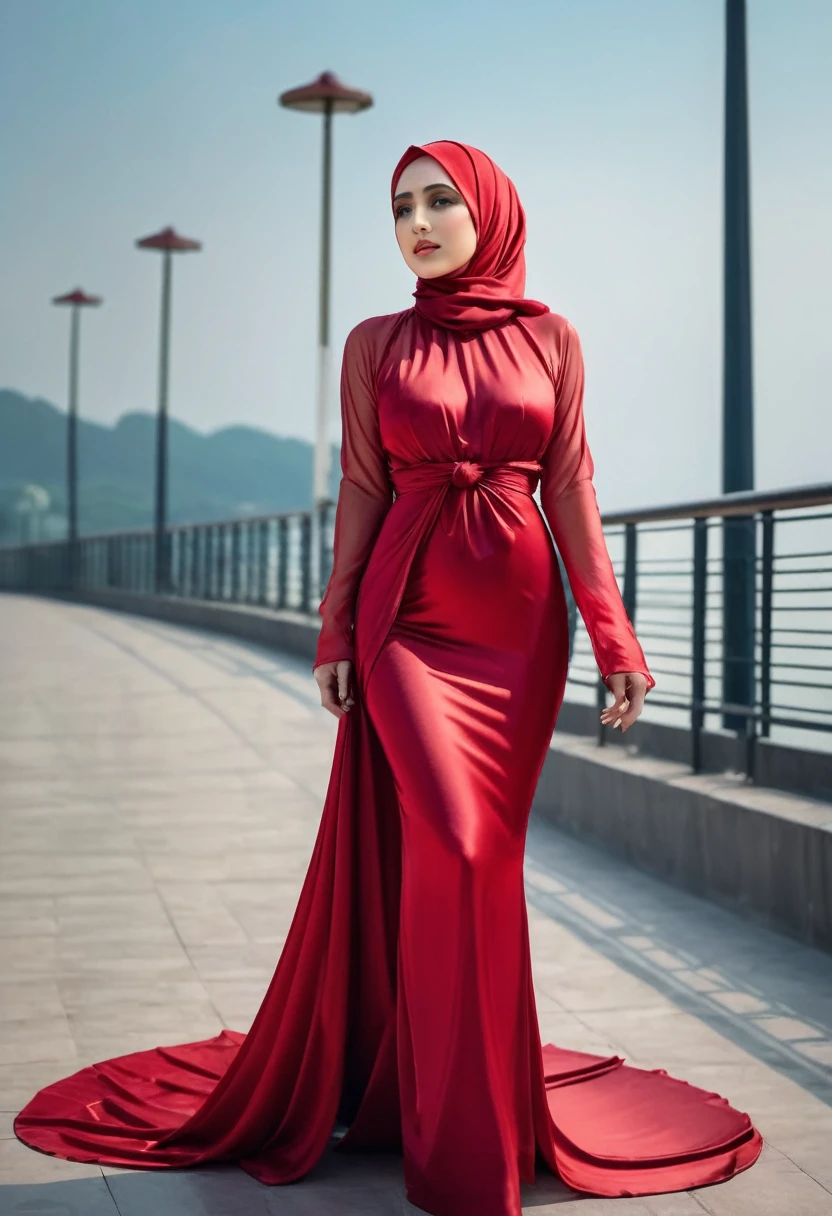 a woman in the translucent red silk gown, full body,wear hijab, brest expose, half neked, tiead in satin rope, tied tight,mermaid tight long gown, flowy dramatic long gown, double long satin train ( 4 meter long ),red satin sheet, wear high heels, masterpice, 4k resolution, ultra-realistic, highly detail.