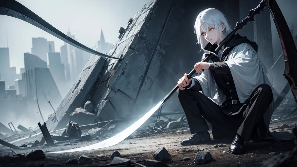 a man sitting on a pile of corpses with his scythe in a dark place, white hair, white eyes, eyes glowing white, masterpiece, 8k, hd quality