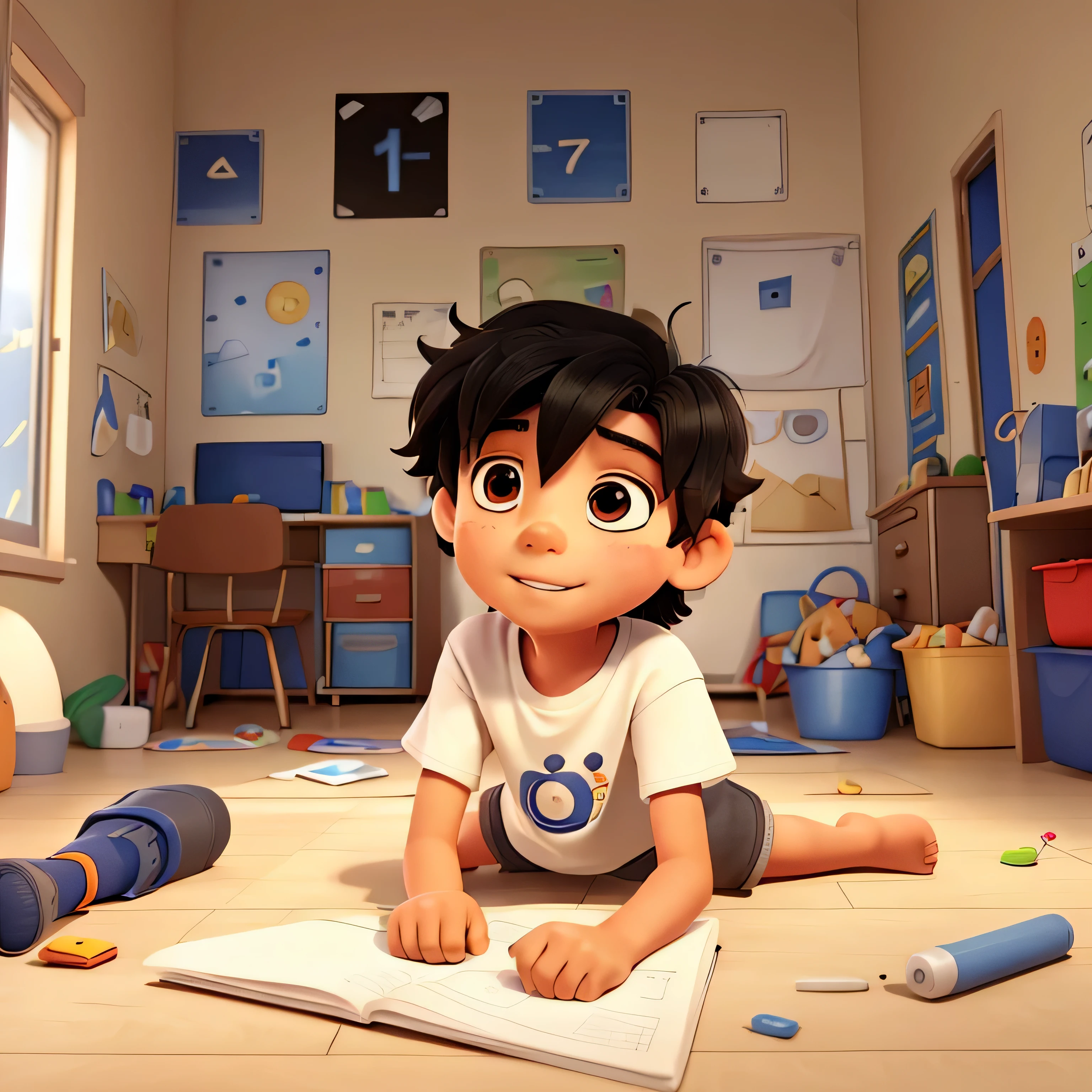 Describe a 7-year-old autistic boy in his room. He is lying on the floor drawing.  He has messy black hair and brown eyes . He is wearing a white t-shirt, comfortable denim shorts and worn sneakers. . The walls are light beige tones.