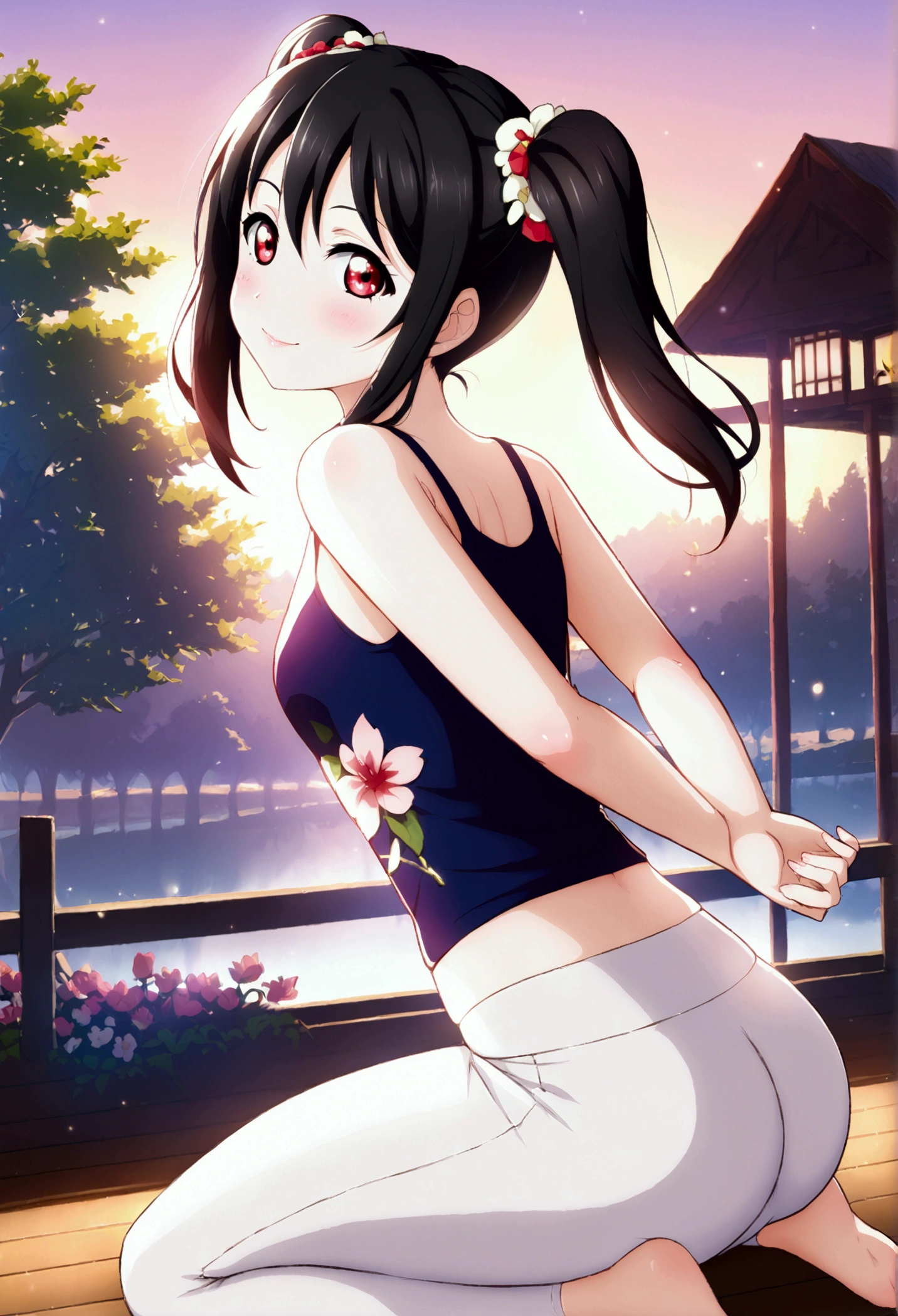 masterpiece, best quality, from behind,yazawa nico, black hair, twintails, red eyes, volumetric lighting, illustration, beautiful, tight , Blushing, breasts, looking at viewer, flowers printed tank top, white yoga pants,solo, curvy body,floral print, looking back, seductive smile, (arms behind back, head tilt:1.1),(breathtaking scenery:1.1), tree, blushing full body shot