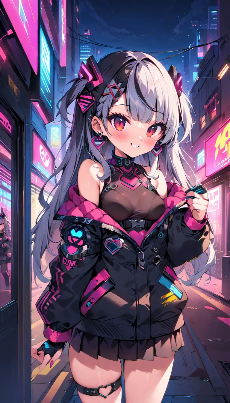 Highest quality, masterpiece, Ultra-high resolution,City of night,Standing woman,Neon Town, Have a smartphone,cyber punk vibe, cyber punk art style, cyber punk vibes, digital cyber punk - anime art, cyber punk themed art, cyber punk anime art, digital cyber punk anime art, in cyber punk style, cyber punk artstyle, has cyber punk style, anime cyber punk art, in cyber punk city, cyber punk art, cyber punk))), cyber punk style, style of cyber punk ,Red eyes,Seraphim, skirt, Multicolored Hair, Grey Hair, Striped Hair, hair ornaments, smile, Black Hair, ,Black jacket, Earrings, Braiding, tooth,Long Hair,Octance 4K, Attention to detail